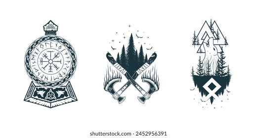 Scandinavian vector isolated illustrations with Viking symbols and runes. Hand drawn set of pagan norse sign Thor's hammer, vegvisir, crossed axes, valknut, fenrir for tattoo, print, t-shirt design