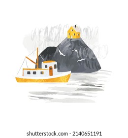 Scandinavian vector landscape with fishing ship, house, hills and river. Romantic watercolor Illustration on isolated on white background for poster, postcard, banner, print