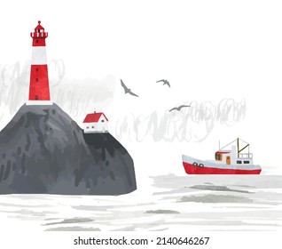 Scandinavian vector landscape with house, fishing ship, lighthouse, clouds, stone cliffs. Travel concept. Watercolor Illustration on isolated on white background. All elements are individual objects