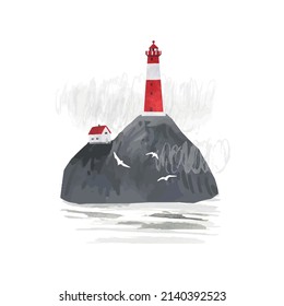 Paisaje vectorial escandinavo con casa, faro, nubes, colinas y río. acuarela romántica Ilustración aislada sobre fondo blanco para afiches, postales, banner, imprimir