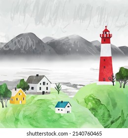 Scandinavian vector landscape with village,lighthouse, clouds, stone cliffs. Overcast sky. Watercolor travel illustration for postcard, banner, poster. Collage with watercolor texture