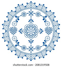 Scandinavian vector mandala design with flowers and leaves and frame - decorative greeting card or wedding invitation floral pattern. Traditional Nordic retro decoration in navy blue on white