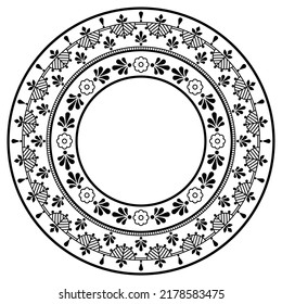 Diseño de mandala vectorial escandinava con flores, tarjeta de saludo o invitación a la boda con un patrón de marco redondo floral inspirado en el arte folclórico nórdico en blanco y negro. Decoración tradicional retro monocromática