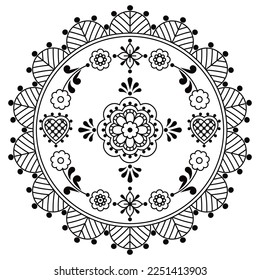 Scandinavian vector mandala design with flowers and leaves and frame - decorative greeting card or wedding invitation floral pattern in black and white. Traditional retro monochrome decoration