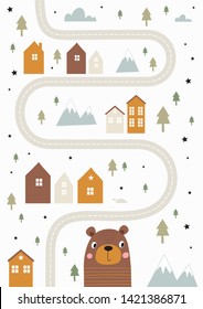 Scandinavian vector maze. Cartoon roads with house, tree and car for kids. Vector maze cartoon poster. You can use it to print on the carpet for the decor of the children's room.