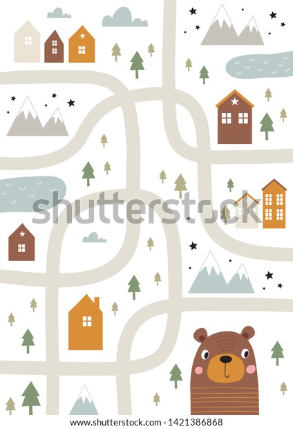 Scandinavian vector\
maze. Cartoon roads with house, tree and car for kids. Vector maze\
cartoon poster. You can use it to print on the carpet for the decor\
of the children\'s\
room.