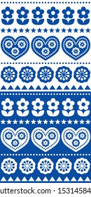 Scandinavian vector seamless pattern, floral decorative folk art design in navy blue, textile or fabric repetitive background with flowers and hearts. Retro happy decorative ethnic ornament, cute 