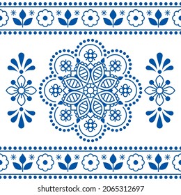 Scandinavian vector seamless pattern with mandala and frame - Nordic folk art outline textile or fabric print with flowers in navy blue on white. Traditional repetitve ornament with floral motif