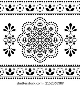 Scandinavian vector seamless pattern with mandala and frame - Nordic folk art outline textile or fabric print with flowers black on white. Traditional monochrome repetitve ornament with floral motif 