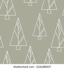 Scandinavian vector seamless pattern of many big Christmas tree icons on pale green background. Modern outline concept. Decorative art element for festive layout design. New Year celebration season.