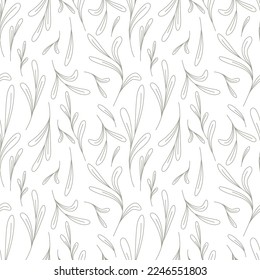 Scandinavian vector seamless pattern of many small hand drawn leaves on white background. Editable outlines. Botanical print. Decorative art element for packaging layout design. Thin contour plant set