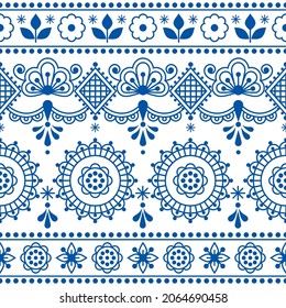 Scandinavian vector seamless pattern - Nordic folk art outline textile or fabric print with flowers. Traditional repetitve ornament with floral motif in navy blue on white
