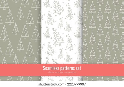 Scandinavian vector seamless patterns set of many small Christmas tree icons. Cute trendy fabric print. Decorative art element for festive layout design. New Year celebration season. Holiday signs.
