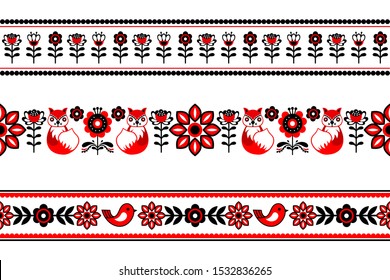 Scandinavian vector set of 3 borders on white. Swedish and Norwegian ornament. 