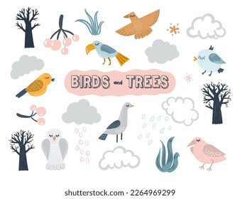 Scandinavian vector set with birds, trees and clouds. Cartoon cute illustration for kids design.