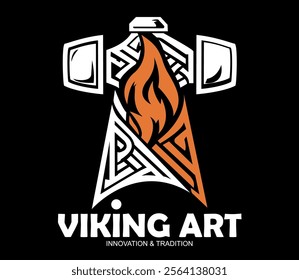 Scandinavian Viking art design. Thors hammer, Scandinavian ornament, vector illustration with black background.