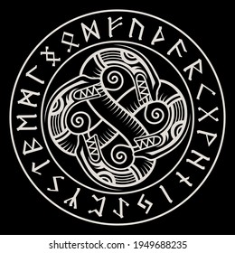 Scandinavian Viking design. Ancient decorative dragon in celtic style, scandinavian knot-work illustration and northern runes, vector illustration