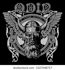 Scandinavian Viking design. Ancient Norse God Odin wearing a helmet with the wings of an eagle and an ancient Celtic-Scandinavian pattern, isolated on black, vector illustration