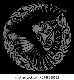 Scandinavian Viking design. Black Raven in flight with outstretched wings and Old Norse ornament, vector illustration