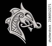 Scandinavian Viking design. Dragon head painted in Old Norse Celtic style, isolated on black, vector illustration