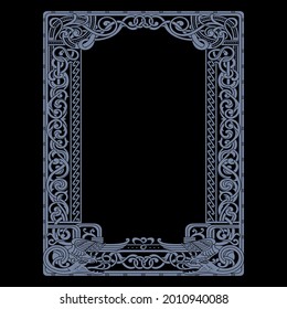 Scandinavian Viking design. Frame in Ancient Celtic Scandinavian style with floral ornaments and winged dragons, isolated on black, vector illustration