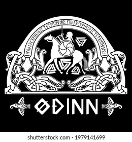Scandinavian Viking design, God Odin on a war horse and Old Norse ornament with runes, isolated on black, vector illustration svg