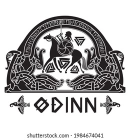 Scandinavian Viking design, God Odin on a war horse and Old Norse ornament with runes, isolated on white, vector illustration