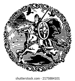 skandinavisches Viking-Design, Gott Odin auf einem Kriegspferd und alte Norse-Ornament mit Runen einzeln auf Weiß, Vektorgrafik