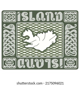 Scandinavian Viking design. Iceland map in retro vintage style and frame from mythological beasts - dragons, isolated on white, vector illustration