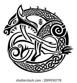 Scandinavian Viking design. Illustration of a mythological beast - Fenrir Wolf in Celtic Scandinavian style, isolated on white, vector illustration svg