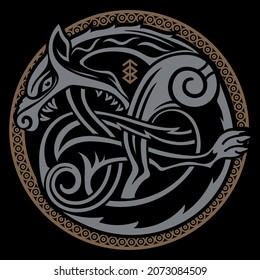 Scandinavian Viking design. Illustration of a mythological beast - Fenrir Wolf in Celtic Scandinavian style, isolated on black, vector illustration