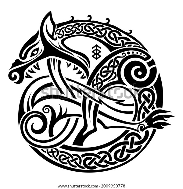 Scandinavian Viking design. Illustration of
a mythological beast - Fenrir Wolf in Celtic Scandinavian style,
isolated on white, vector
illustration