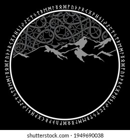 Scandinavian Viking design. Scandinavian knot - work illustration and Runes - Old Norse alphabet, isolated on black, vector illustration