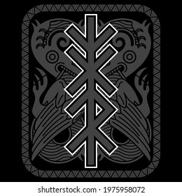 Scandinavian Viking design. Mythological animal drawn in the Old Norse style and northern runes, isolated on black, vector illustration