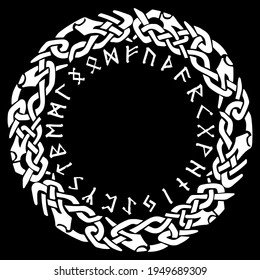 Scandinavian Viking design. Northern runes - old Norse alphabet and Old Celtic Scandinavian braided pattern, vector illustration