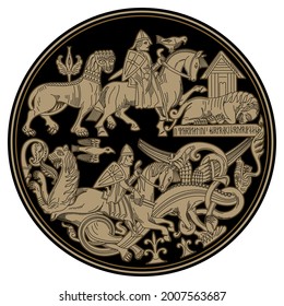 Scandinavian Viking design. Viking riders fight mythical animals - lions and dragons, isolated on white, vector illustration