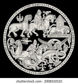 Scandinavian Viking design. Viking riders fight mythical animals - lions and dragons, isolated on black, vector illustration