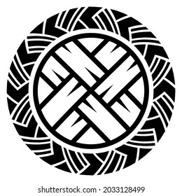 Scandinavian Viking design. Viking shield with northern runes and Old Celtic Scandinavian braided pattern, isolated on white, vector illustration