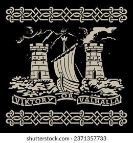 Scandinavian Viking design. Viking ship Drakkar sails on the waves of the stormy sea, isolated on black, vector illustration