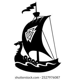 Scandinavian Viking design. Viking ship Drakkar sails on the waves of the stormy sea, on its sail is the Valknut, sign of God Odin, isolated on white, vector illustration