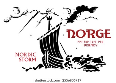 Scandinavian Viking design. Viking ship Drakkar sails on the waves of the stormy sea, isolated on white, vector illustration