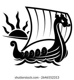 Projeto Viking escandinavo. Navio Viking Drakkar vela nas ondas do mar tempestuoso, isolado em branco, ilustração vetorial