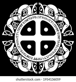 Scandinavian Viking design. Sun cross, Old Norse ornament and runes - the alphabet of the ancient Vikings, vector illustration