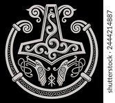 Scandinavian Viking design. Thors Hammer and the Scandinavian ornament, isolated on black, vector illustration