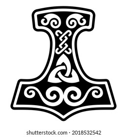 Scandinavian Viking design. Thors hammer and the Scandinavian ornament, isolated on black, vector illustration
