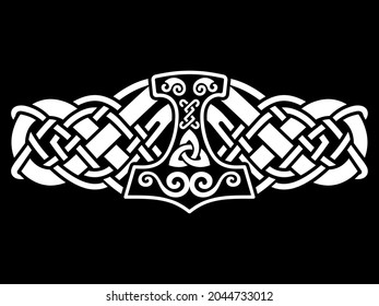 Scandinavian Viking design. Thors Hammer and the Scandinavian ornament, isolated on black, vector illustration