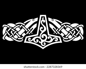 Diseño de Viking escandinavo. Thors Hammer y el ornamento escandinavo, aislados en negro, ilustración vectorial