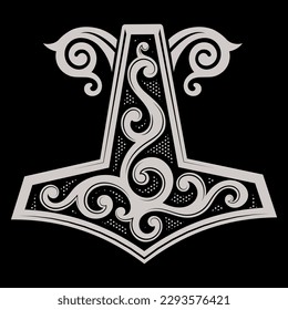 Scandinavian Viking design. Thors Hammer and the Scandinavian ornament, isolated on black, vector illustration