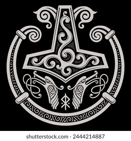 Scandinavian Viking design. Thors Hammer and the Scandinavian ornament, isolated on black, vector illustration svg