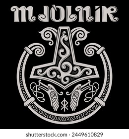Scandinavian Viking design. Thors hammer, Old Norse decoration, dragons and the inscription Mjolnir drawn in Old Norse Celtic style, isolated on black, vector illustration svg